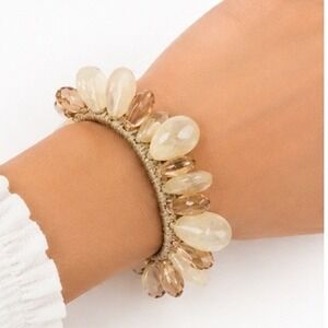 Boho Champagne Cream Teardrop Beaded Stretch Bracelet Gold Cord Wrapped Stretch